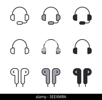 Headset Headphones and Earbuds Icon Set Line Duotone and Filled Vector Illustration. Stock Vector
