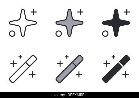 Magic Wand and Sparkle Icon Set Line Duotone and Filled Vector Illustration. Stock Vector