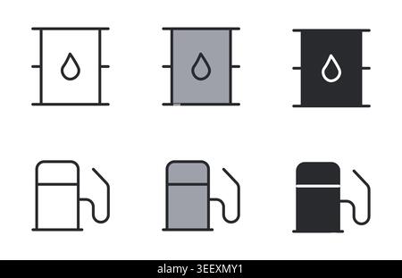 Oil Barrel and Fuel Pump Icon Set Line Duotone and Filled Vector Illustration. Stock Vector