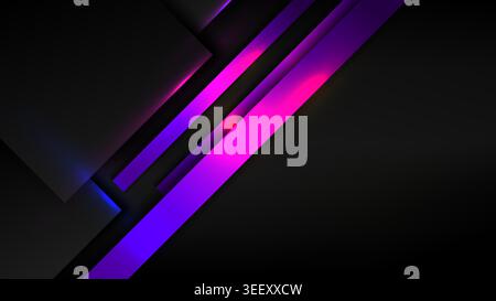 Abstract dark background with neon purple and pink diagonal stripes and geometric black layers featuring modern glowing light effects for futuristic t Stock Vector