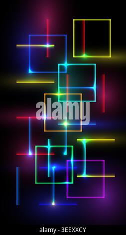 futuristic abstract background glowing neon squares and geometric lines on dark backdrop, high tech connectivity and modern data energy Stock Vector