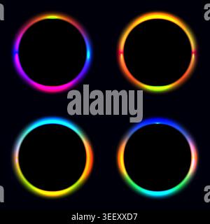 Glowing neon circles set with vibrant colorful gradients on black background for futuristic tech design Stock Vector