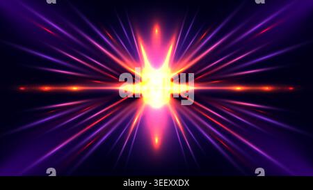 Abstract glowing neon burst background with vibrant purple and gold light rays for futuristic tech design Stock Vector