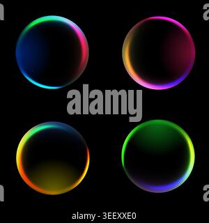 Vibrant neon orbs set with iridescent gradients and glowing halos on black background for futuristic digital design and tech UI elements Stock Vector
