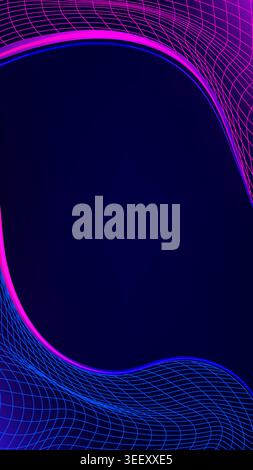 Futuristic pink and blue neon wireframe grid background with glowing wavy borders and cyberpunk aesthetic on deep navy gradient for high tech digital Stock Vector