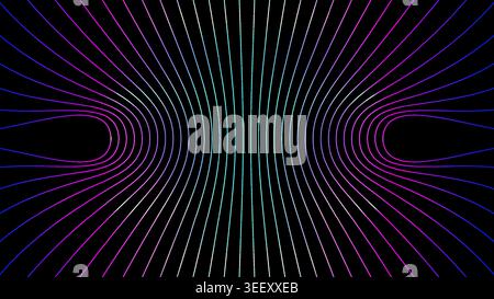 futuristic vibrant neon lines flow in symmetrical rhythmic motion against a dark background to evoke a sense of deep cyber technology Stock Vector