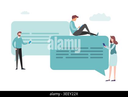 Flat vector illustration of people using smartphones and chat bubbles for online communication, teamwork, messaging, and digital collaboration. Stock Vector