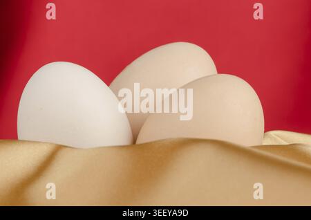 Eggs, Three eggs in the bowl on a red background Stock Photo