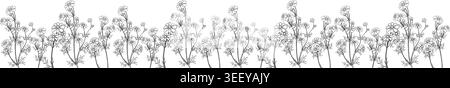 Digital line art drawing of a long cosmos flower meadow border banner on a white background Stock Photo