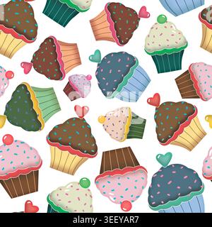 Digital drawing of a seamless pattern with colorful cupcakes and sprinkles on a white background Stock Photo
