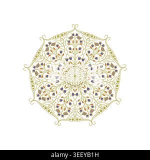 Digital drawing of a circular mandala ornament with delicate floral motifs on a white background Stock Photo