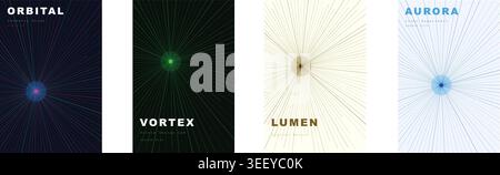 Abstract Radial Light Burst Vector Backgrounds, modern digital art with glowing center and radiating lines, a set of four distinct color schemes Stock Vector