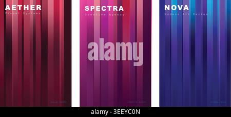 Modern abstract gradient backgrounds, vibrant vertical stripes, dynamic color transitions. AETHER, SPECTRA, NOVA. Stock Vector