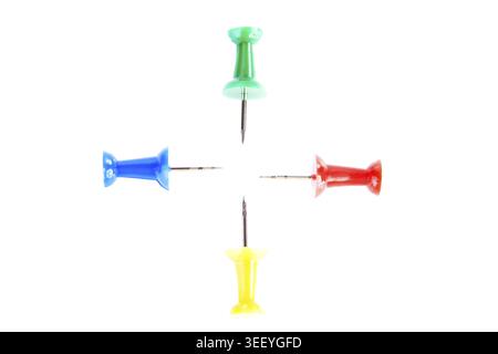 Four colorful drawing pins. Isolated on white Stock Photo