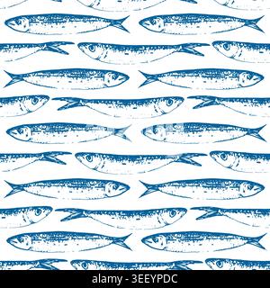 Sardines seamless vector pattern in blue. Ornament with hand-drawn fish.  Stock Vector