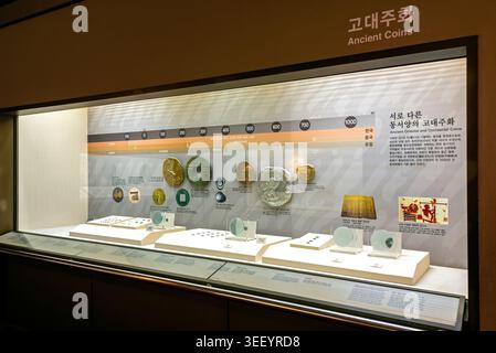 Ancient coins from different Eastern and Western civilizations, exhibited at the Currency Museum, South Korea Stock Photo