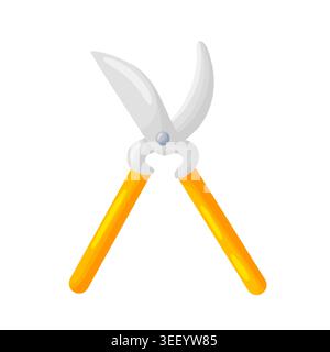 Flat design illustration of garden pruning shears with curved metal blades and bright yellow handles, isolated on white background, gardening, horticu Stock Vector