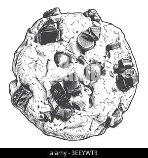 A detailed sketch featuring a cookie with oversized chocolate chunks. Suited for premium bakery branding, artisan dessert labels, and commercial food Stock Vector