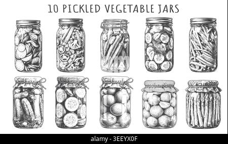 A detailed engraved collection of ten assorted pickled vegetable jars in retro style. Perfect for organic food branding, farm market packaging, and ru Stock Vector