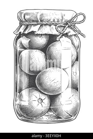 A nostalgic hand-drawn of whole pickled tomatoes stored in a vintage cloth-covered jar. Great for agricultural marketing materials, winter preserve la Stock Vector