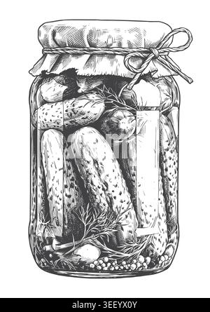 A rustic black and white sketch of whole pickled cucumbers in a jar sealed with a traditional cloth cover. Perfect for homemade recipe books, artisan Stock Vector