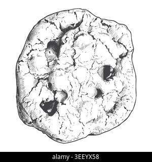 An illustration of a rustic, unevenly shaped chocolate chip cookie in classic line art. Ideal for homemade pastry branding, organic bakeries, and cafe Stock Vector