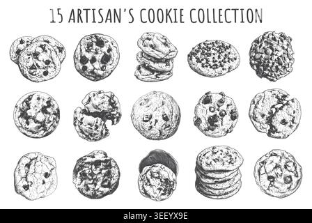 A detailed hand-drawn collection of fifteen artisan chocolate chip cookies in classical engraving style. Perfect for bakery branding, cafe menus, and Stock Vector
