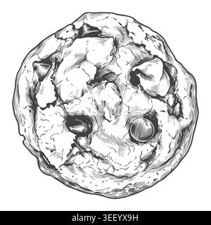 A quintessential chocolate chip cookie illustrated in a classical engraving style. Perfect for traditional pastry branding, bakery labels, and dessert Stock Vector