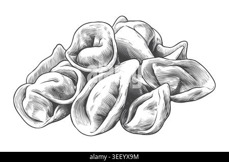 Hand-drawn tortellini pasta illustrated in a fine classical engraving style. An excellent asset for artisan grocery packaging and recipe books. Stock Vector