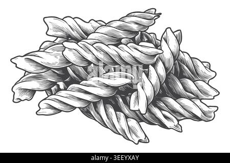 A meticulously engraved line art drawing of fusilli pasta spirals. An exceptional asset for authentic Italian restaurant menus. Stock Vector