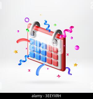 3d calendar icon with colorful party confetti. Stock Vector