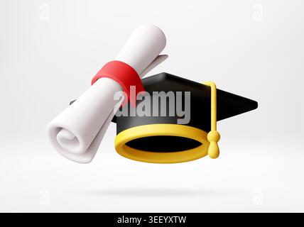 3D Graduation cap and diploma scroll Stock Vector