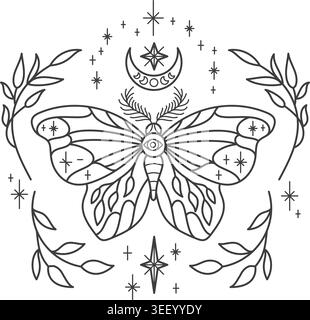 Celestial moth illustration with crescent moons and stars in bohemian vector style. Magical line art for mystical tattoos, witchcraft symbols and luna Stock Vector