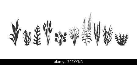 Black seaweed and underwater plants silhouettes set, vector marine aquarium flora elements isolated on white background for patterns, branding and gra Stock Vector