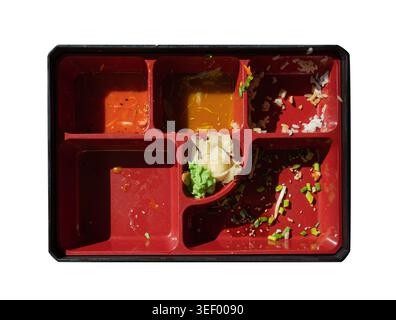 Dirty Bento Box Isolated, Sushi Box on White, Empty Bowl after Sushi Dinner, Finished Asian Lunch, Salad, Rice and Wasabi Sauce in Red Container Top V Stock Photo