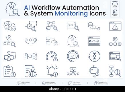 AI Workflow Automation System Monitoring Icons Set Modern Stroke Line Vector Collection Stock Vector