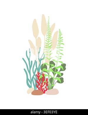 Aquarium underwater world composition with diverse long seaweed and red coral in pastel tones for bathroom interior decor and eco branding. Vector ill Stock Vector