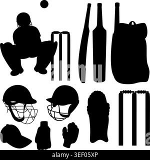 Cricket Player and Equipment Silhouette Set. Wicket Keeper, Bats, Helmets, Pads, Gloves, Ball and Gear Bag. Black Isolated Icons Collection. vector Il Stock Vector
