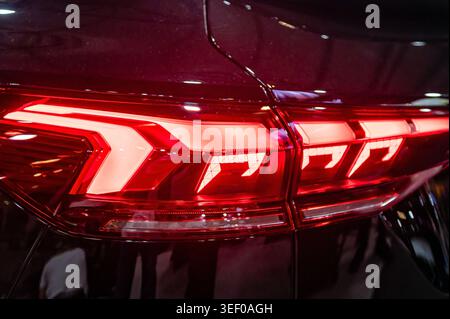 Riga, Latvia - April 24, 2026: Audi Q6 shows its rear LED taillight design in a close-up display at a motorshow. Stock Photo