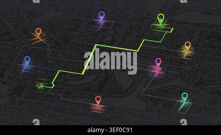 Dark isometric city map background with colorful location markers and glowing navigation paths showing multiple delivery routes or ride sharing Stock Vector