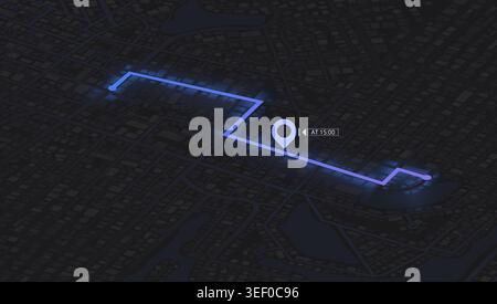 Isometric dark city map with glowing blue navigation path and location marker. GPS tracking interface with time label. Vector illustration. Stock Vector
