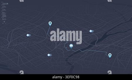 Concept of abstract GPS navigation and online navigation with POI. Several way get directions map pointer, place mark. Top view on city map navigation Stock Vector