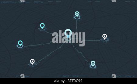 Abstract navigation through multiple POI. Online location tracking with arrival time data on city map. City map in blue and dark colors. Vector Stock Vector