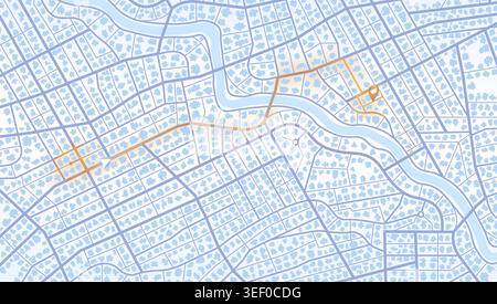 Aerial view city plan with winding river and orange navigation path. Vector illustration. Stock Vector