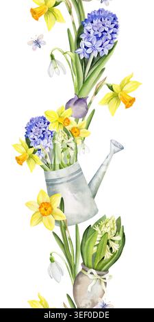 spring themed watercolor seamless vertical border, garden watering can with snowdrops, flying butterflies, blue, yellow hyacinths, daffodil, narcissus Stock Photo
