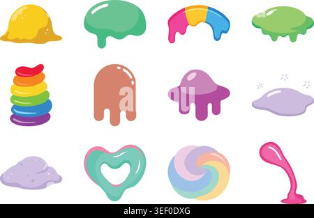 A playful flat illustration set featuring colorful slime, goo, jelly, and liquid blob shapes in pastel and rainbow styles. Stock Vector
