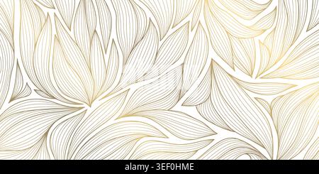 Luxury Art Deco floral pattern with elegant gold line leaves, flowing wave elements background. Vector illustration Japanese ornament with tropical Stock Vector