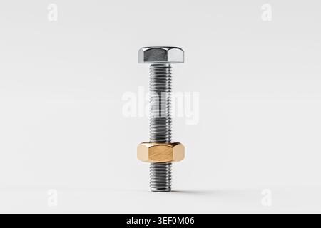 A close-up view of a metal bolt with a shiny surface and a contrasting gold nut, set against a neutral background. Stock Photo