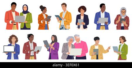 Set of Diverse professionals using laptops, tablet Stock Vector
