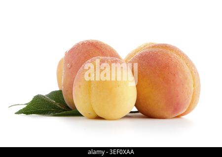 Sweet peaches with leafs on a white background Stock Photo